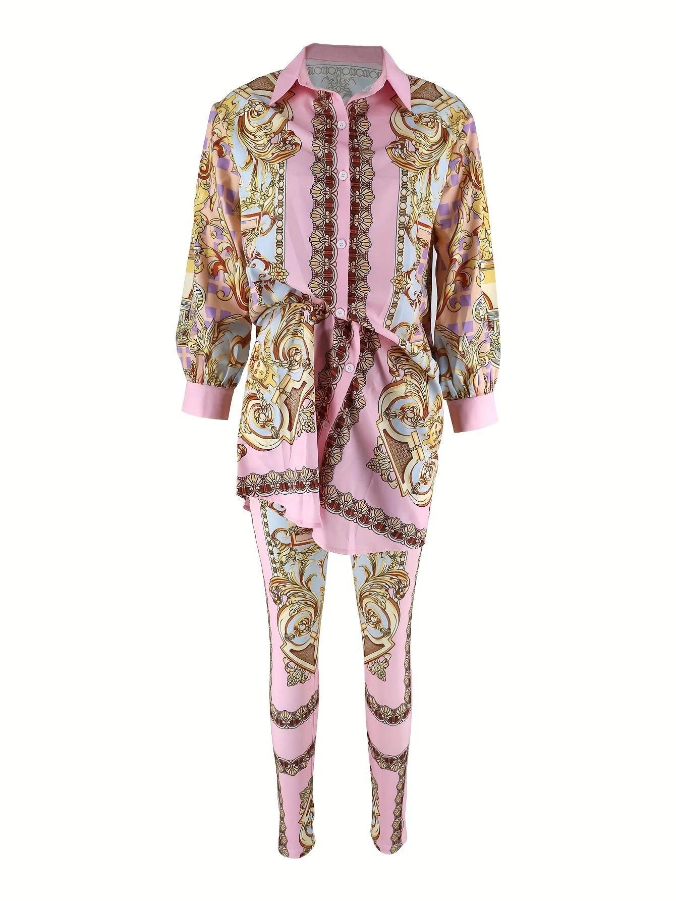 Women Two Piece Jersey Set Ornate Print Long Sleeve Top Pants