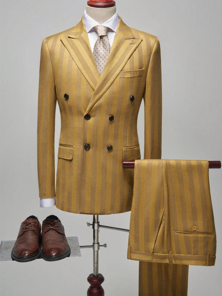 Men's Jacquard Two-Piece Suit Set Double Breasted Jacket Pants
