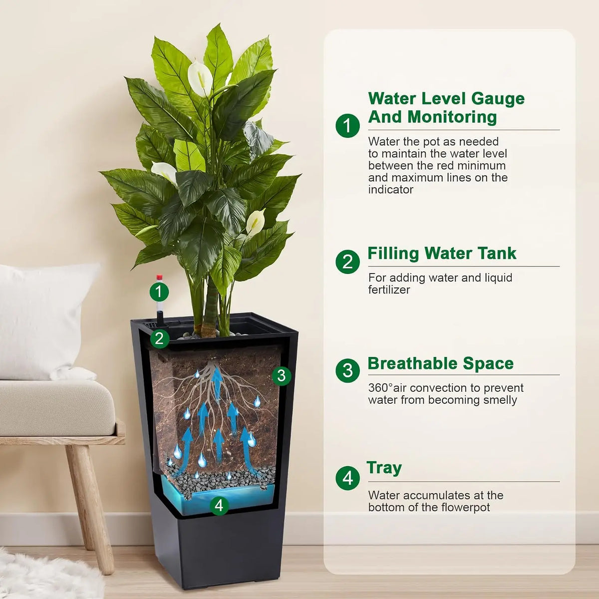 Tacleekii Modern Tall Planters With Drainage Water Monitor And Wheels