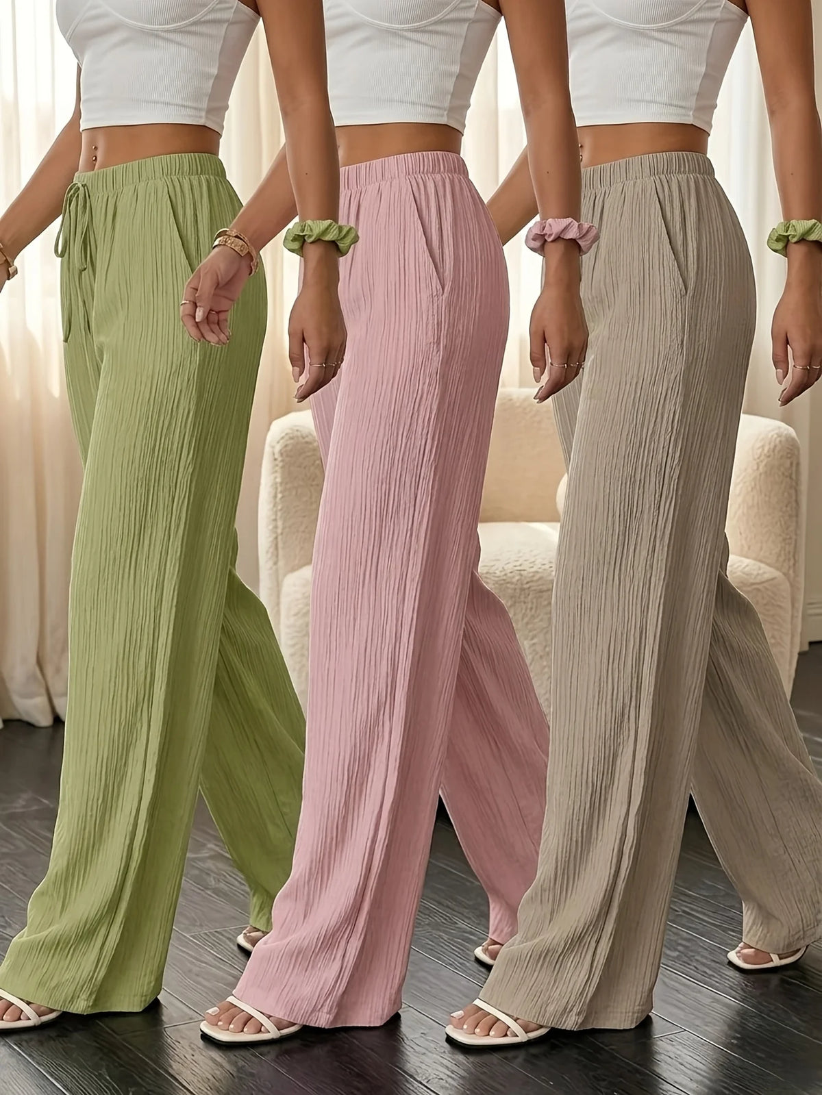 Women's Textured Wide Leg Cotton Casual Pants Set With Pockets