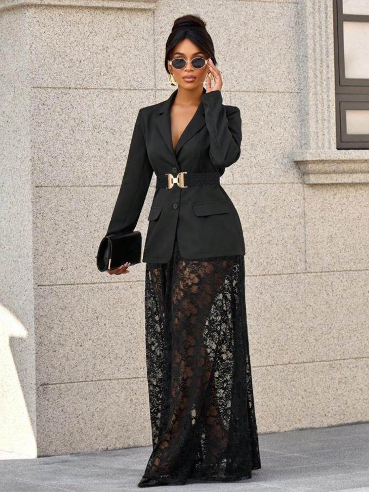 Women's Lapel Long Sleeve Blazer And Maxi Skirt Suit Set