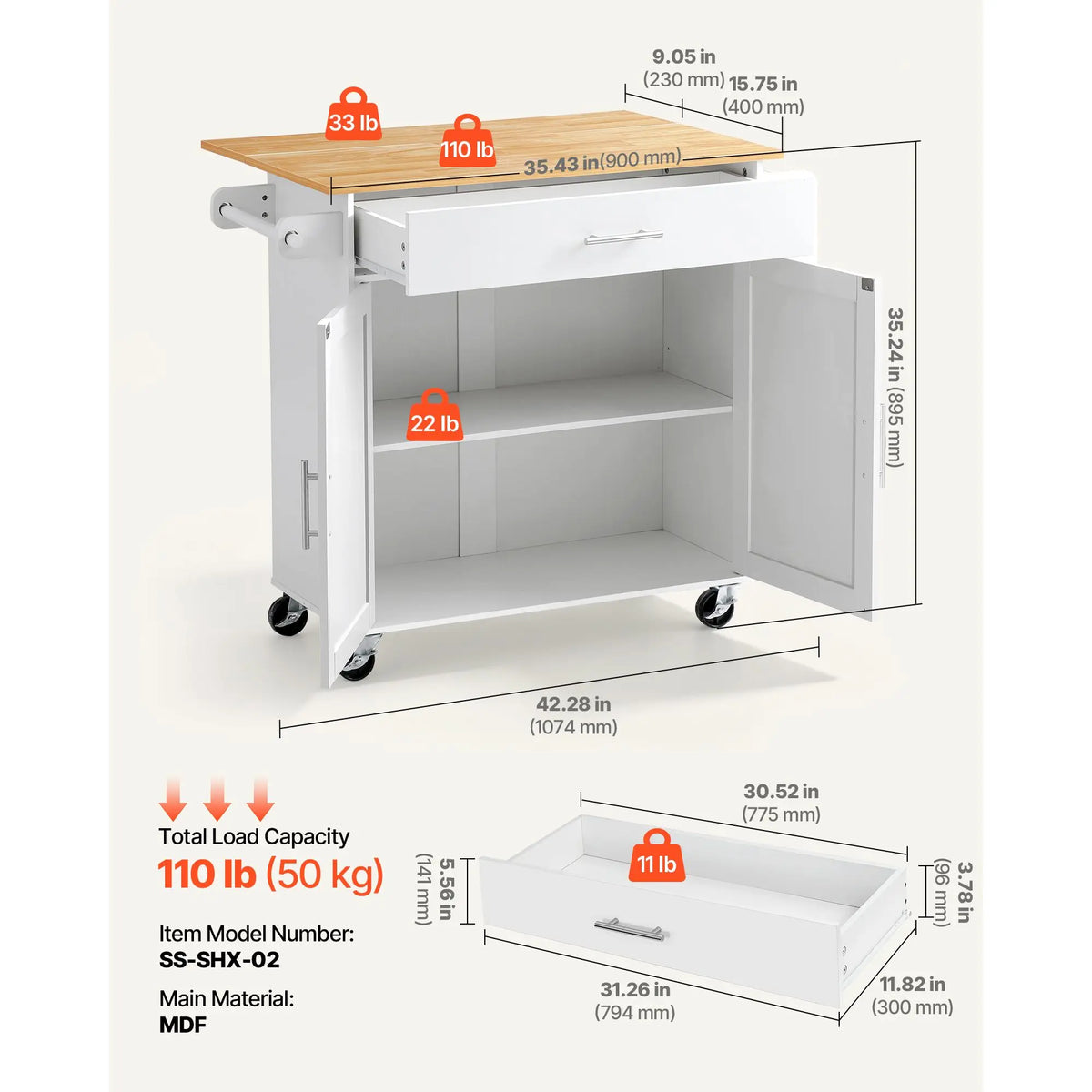 Wooden Rolling Kitchen Island Cart With Drawers And Spice Rack