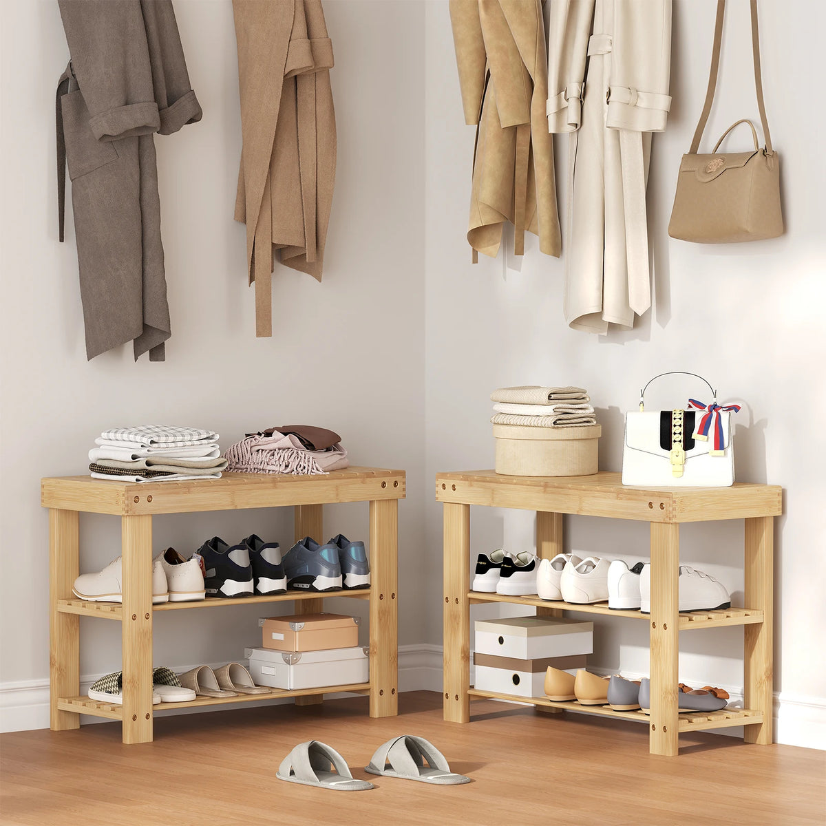 MCQ Three Tier Bamboo Shoe Cabinet With Entryway Storage Bench