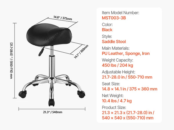 SucceBuy Ergonomic Adjustable Height Swivel Saddle Stool With Wheels