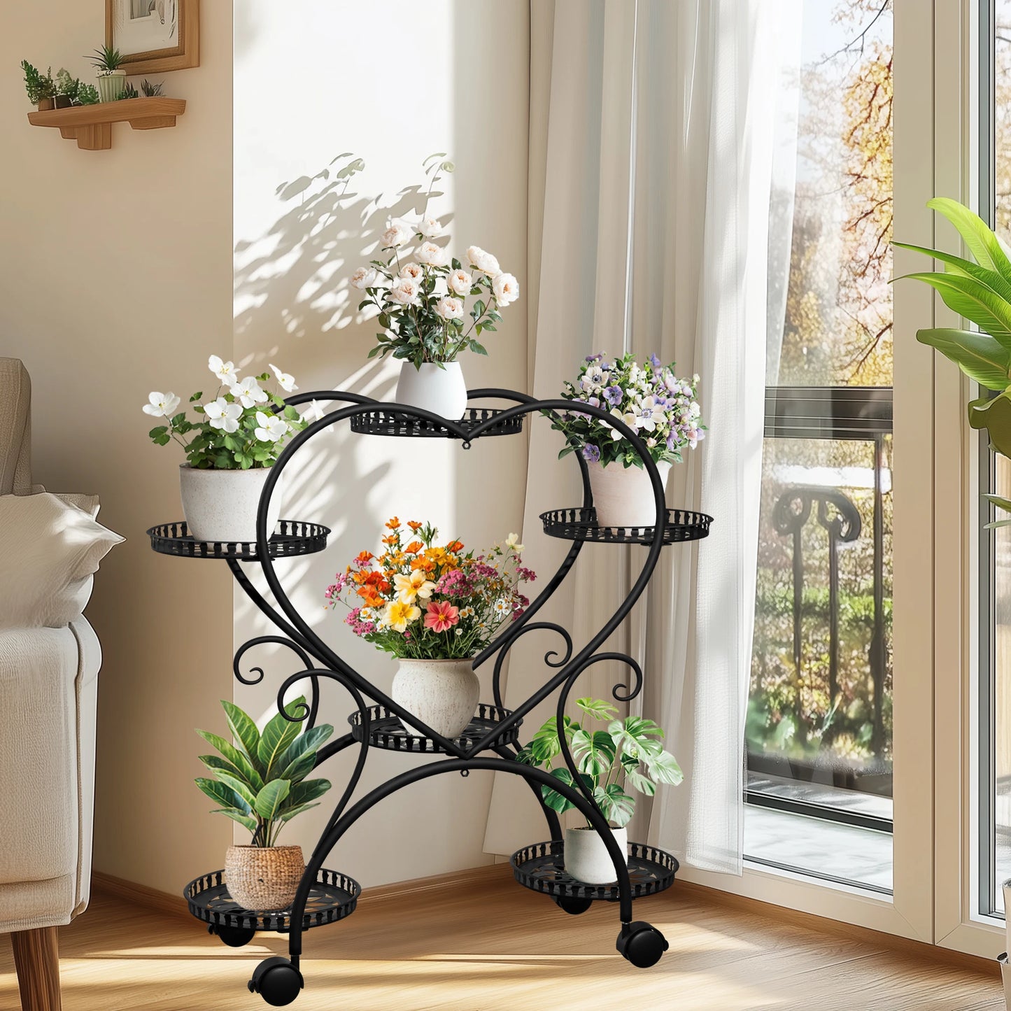 Wisfor 6 Tier Heart Shape Rolling Metal Plant Stand Rack