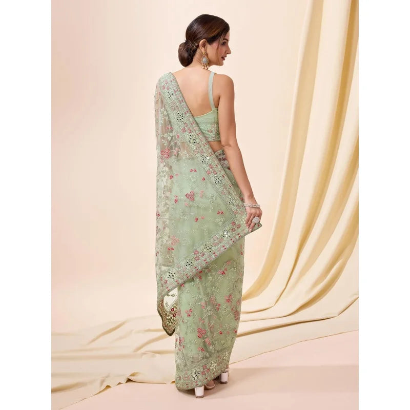 Women's Net Cotton Saree With Sequence Embroidery Work