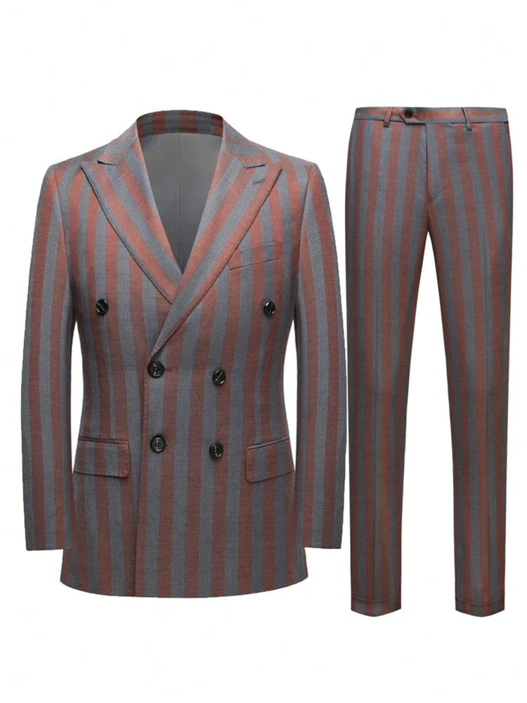 Men's Jacquard 2 Piece Suit Set Double Breasted Jacket Pants