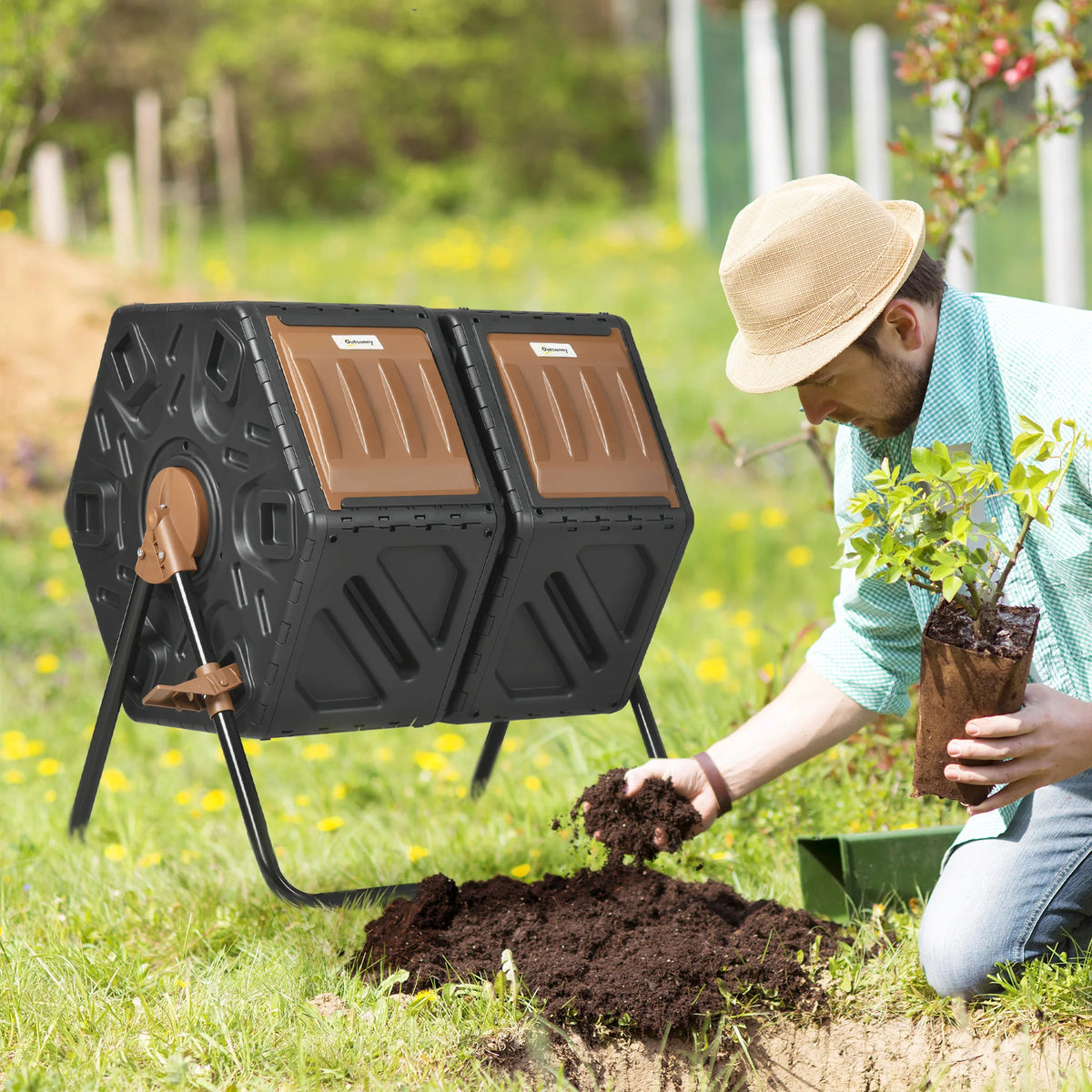 Outsunny Dual Chamber Compost Tumbler With Steel Support Base