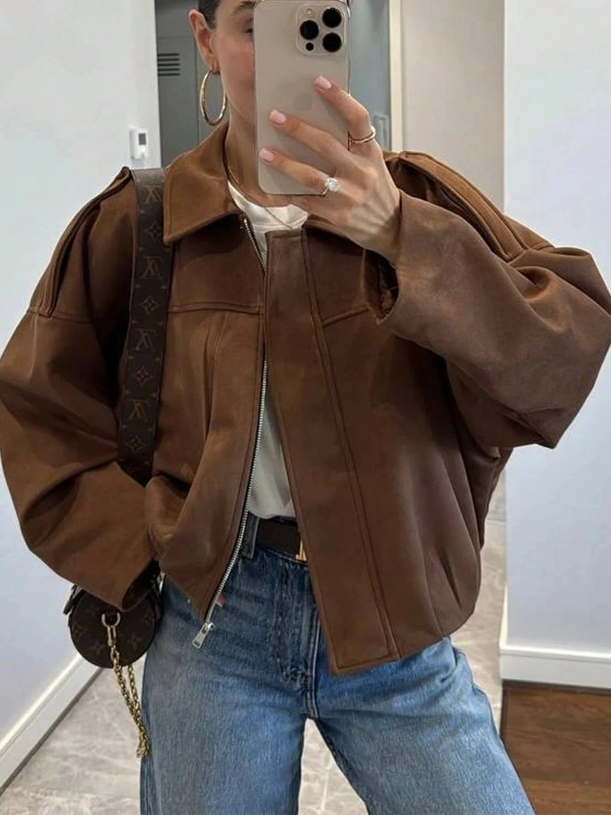 Womens Vintage Suede Casual Streetwear Jacket With Zipper Closure