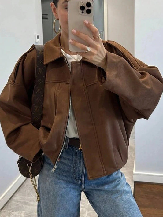 Womens Vintage Suede Casual Streetwear Jacket With Zipper Closure