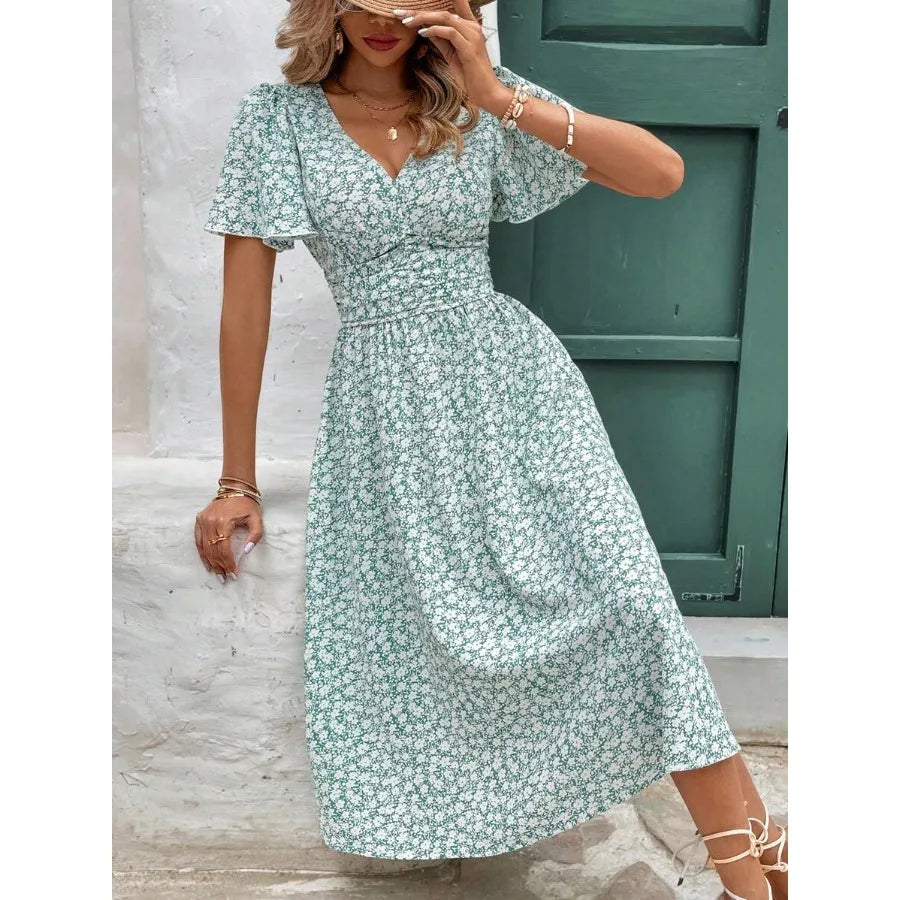 Womens Floral Print V Neck Ruffle Dress Short Sleeve