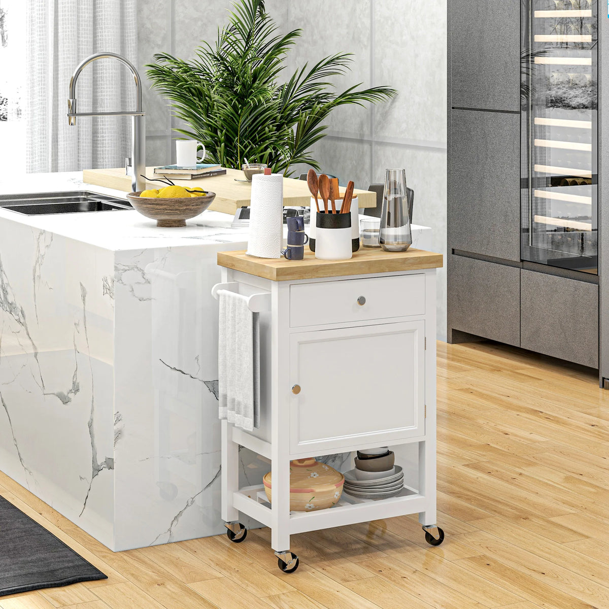 HOMCOM Rolling Kitchen Cart With Storage Drawer And Cabinet