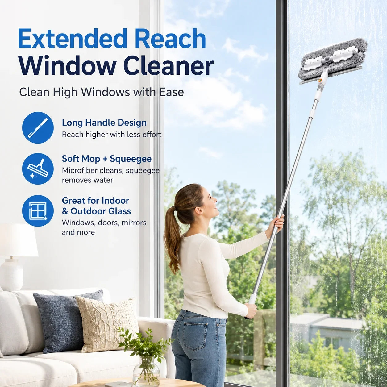 Joybos 2 In 1 Window Squeegee Rotating Head Extendable Pole