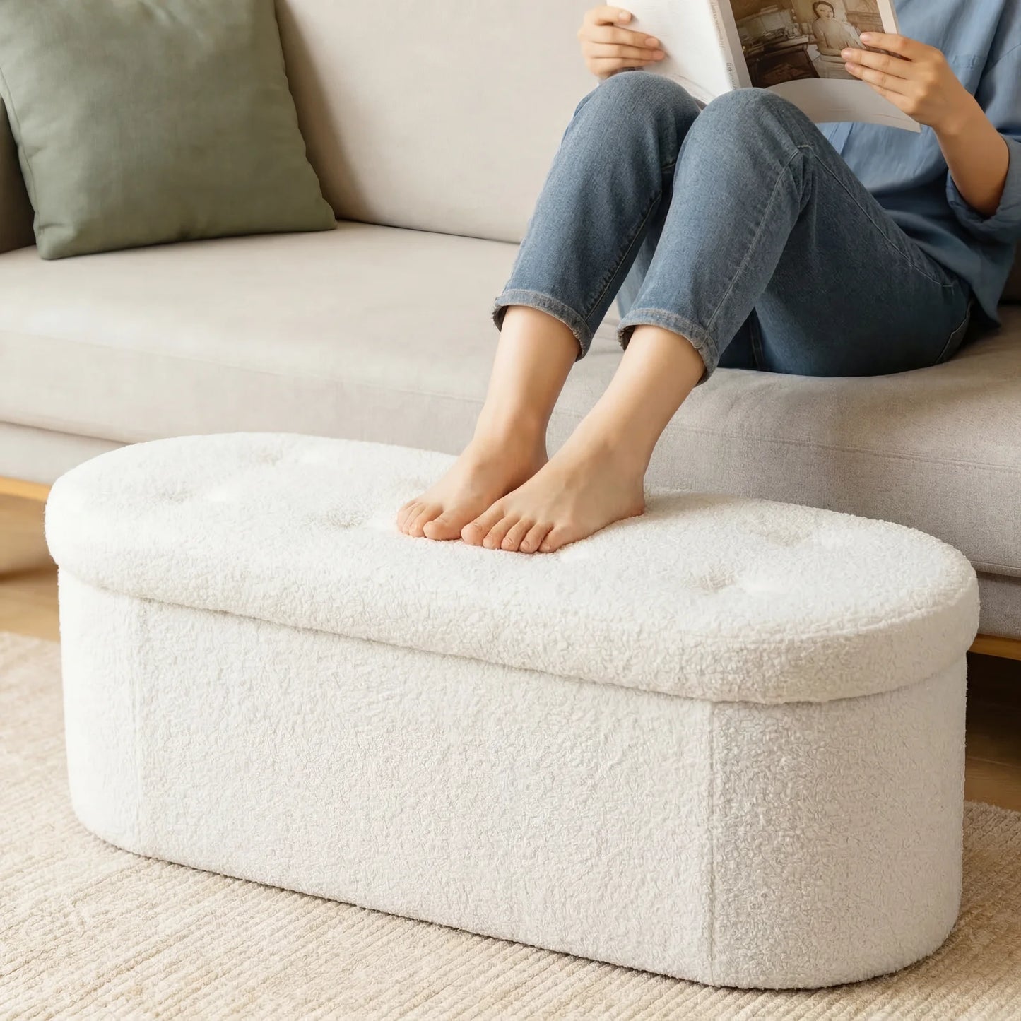 MCQ Faux Fur Folding Storage Ottoman Footrest For Bedroom