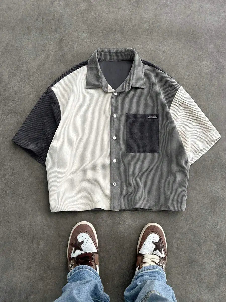 Men Patchwork Corduroy Short Sleeve Shirt Casual Daily Wear