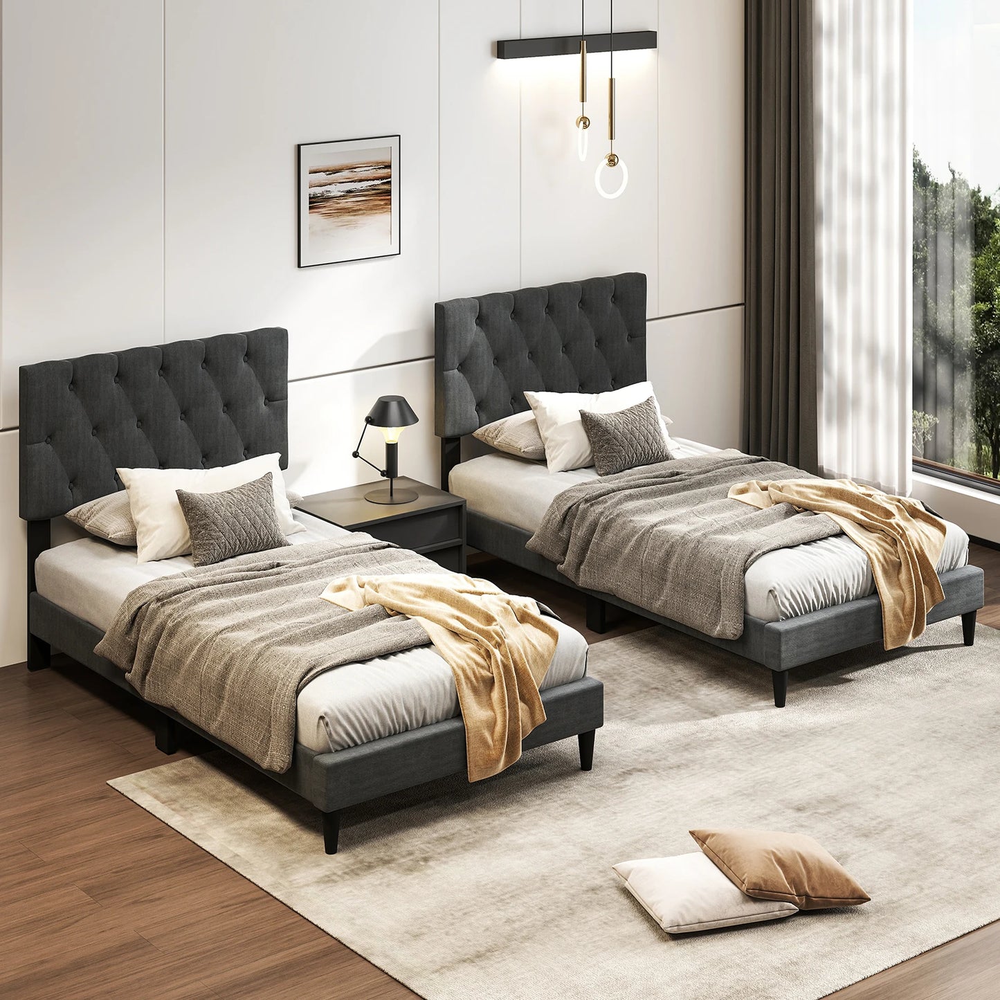 Homasis Button Tufted Headboard Bed Frame With Wooden Slats