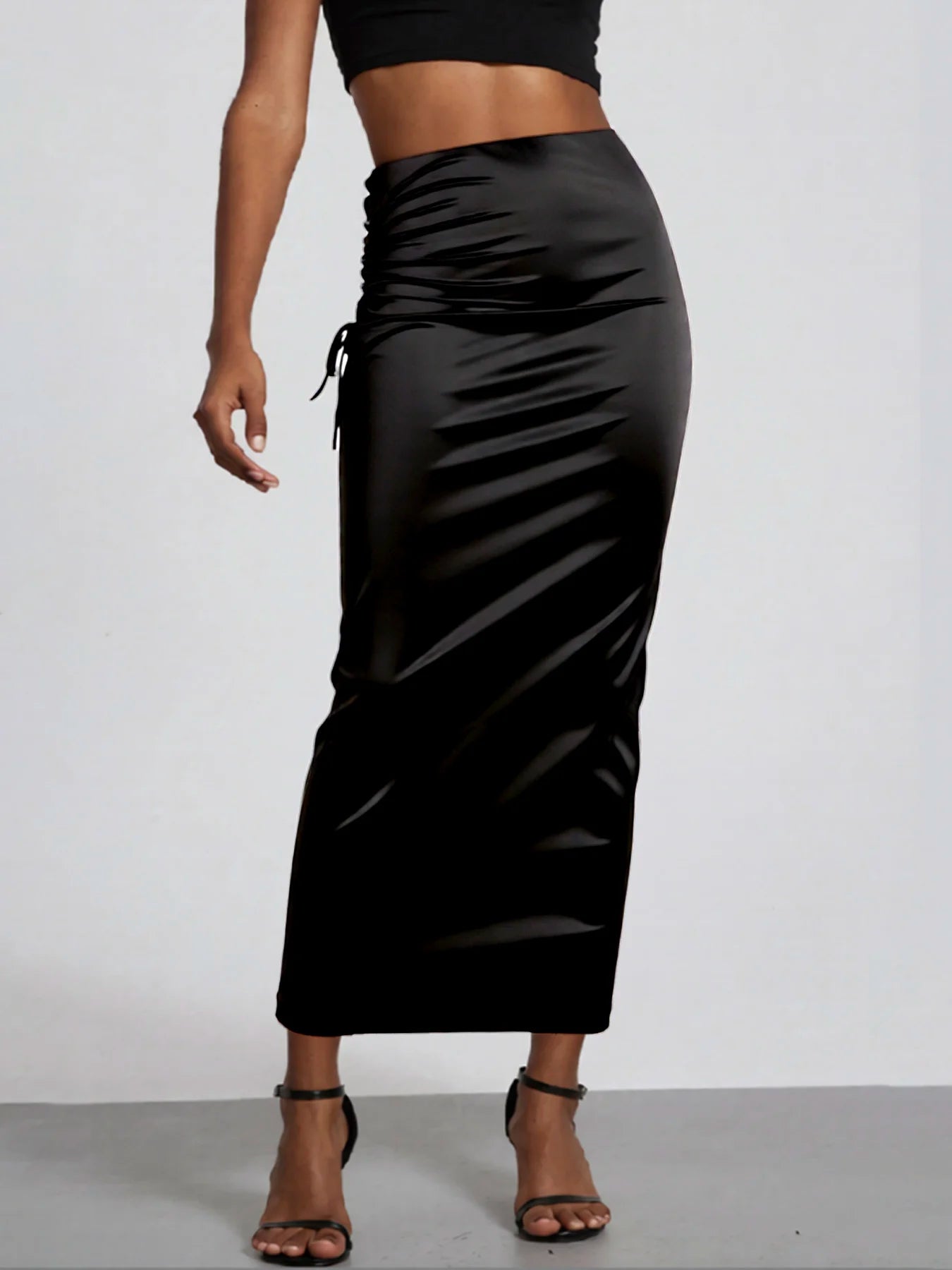 Women Satin Ruched Drawstring High Waist Midi Skirt