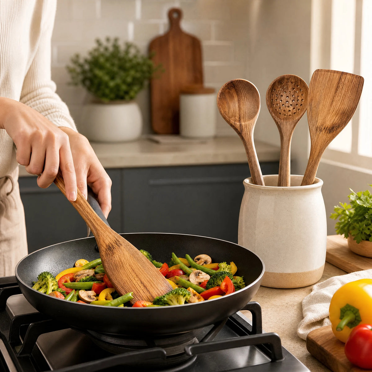 Wooden Kitchen Utensil Set For Everyday Cooking And Baking