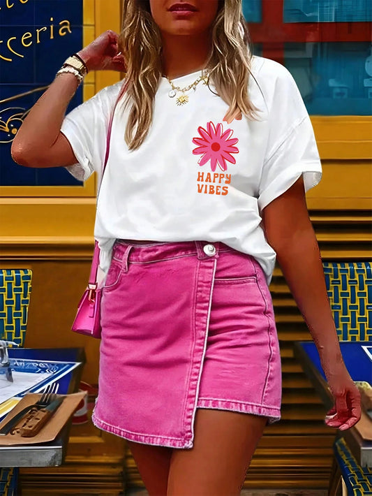 Happy Vibes Print Women's T Shirt Soft And Comfortable