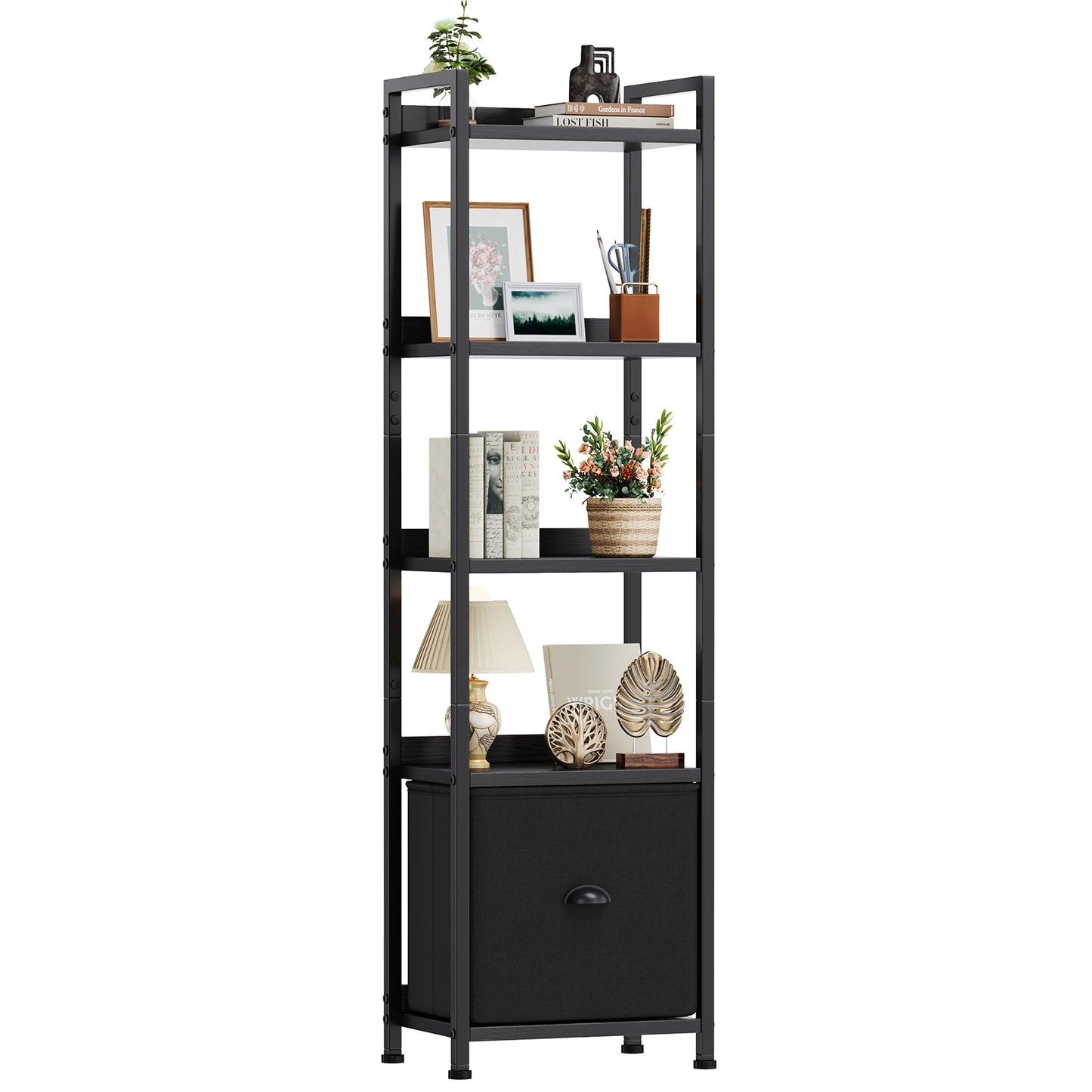 JHK Wood 5 Tier Bookshelf With Fabric Drawer Organizer