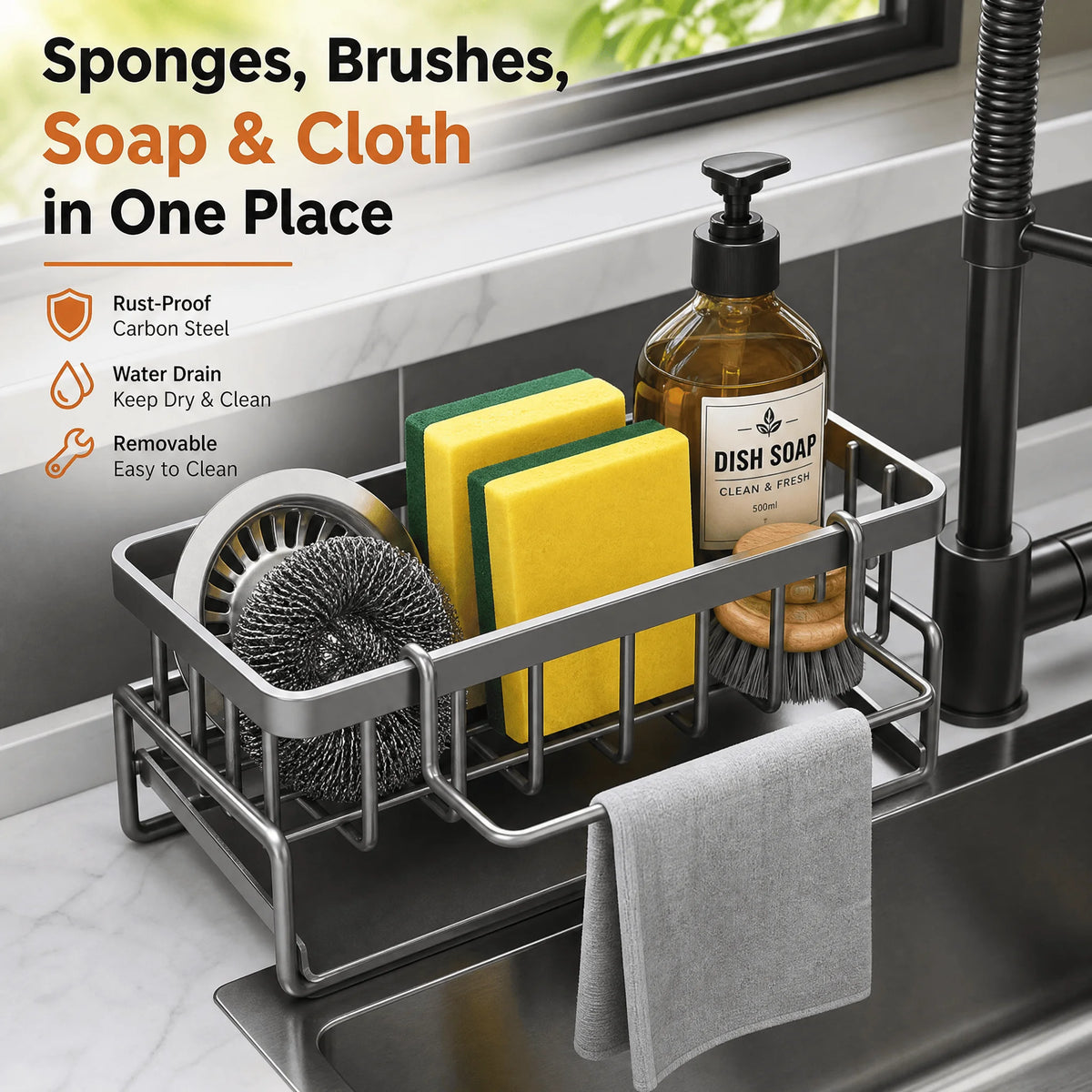 Kitchen Sink Organizer With Tilted Water Tray Storage Rack