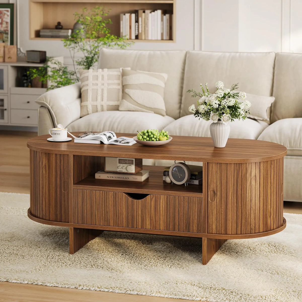 HiMISS Modern Oval Coffee Table With Drawer And Cabinet Storage