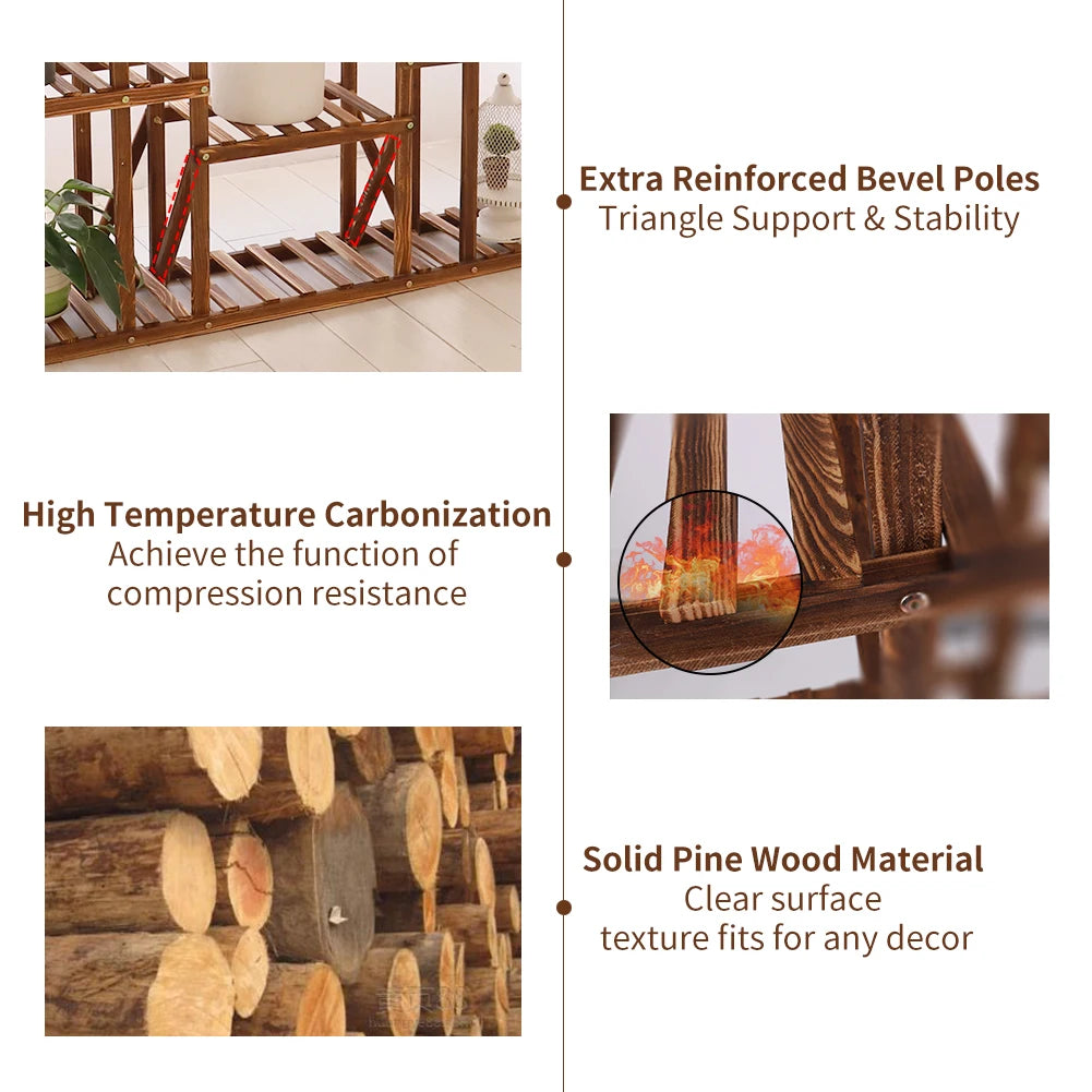 11 Tier Carbonized Wooden Plant Stand Flower Pot Display Rack