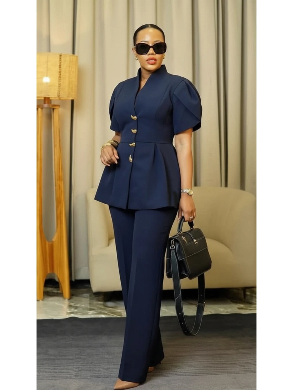 Women's Stand Collar Puff Sleeve Peplum Top And Pants Suit