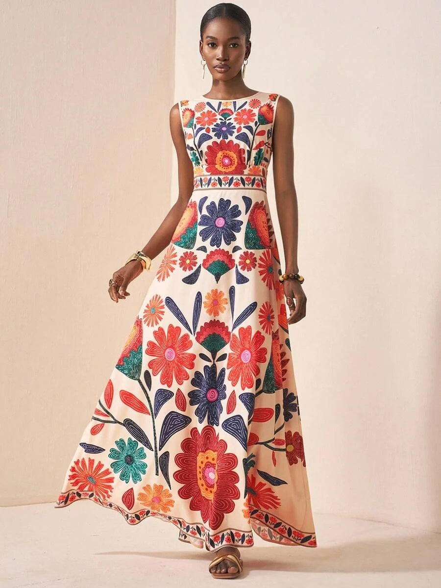 Women Floral Embroidery Sleeveless Maxi Dress For Summer Weddings