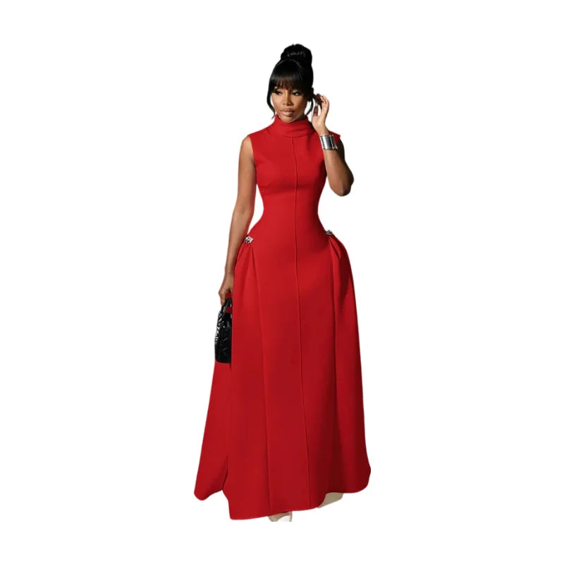 Women High Neck Sleeveless Fitted Polyester Floor Length Maxi Dress