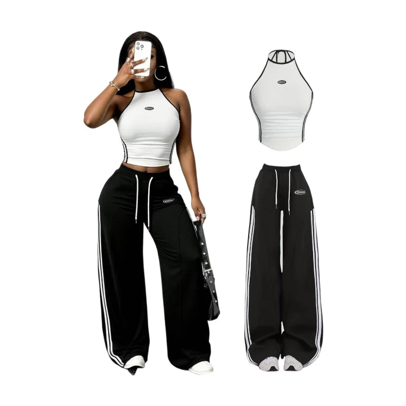 Women Striped Halter Crop Top With Drawstring Wide Leg Pants