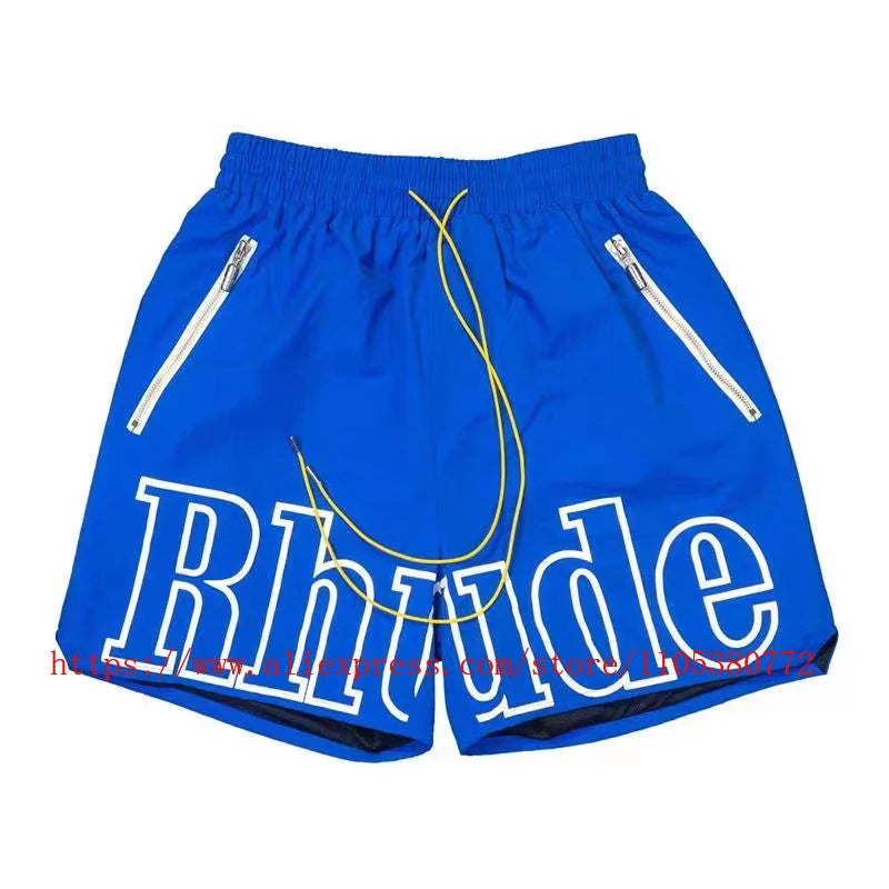 RHUDE Men's Casual Shorts Elastic Waist Drawstring Beach Shorts
