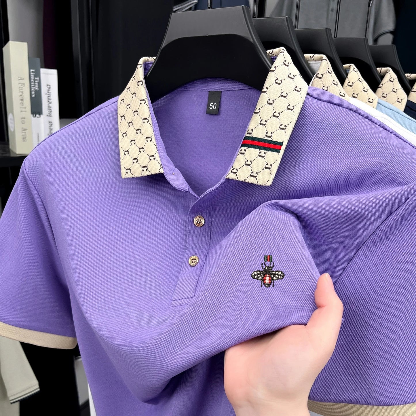 Men's High-End Lapel Polo Shirt With Letter Jacquard Bee Embroidery