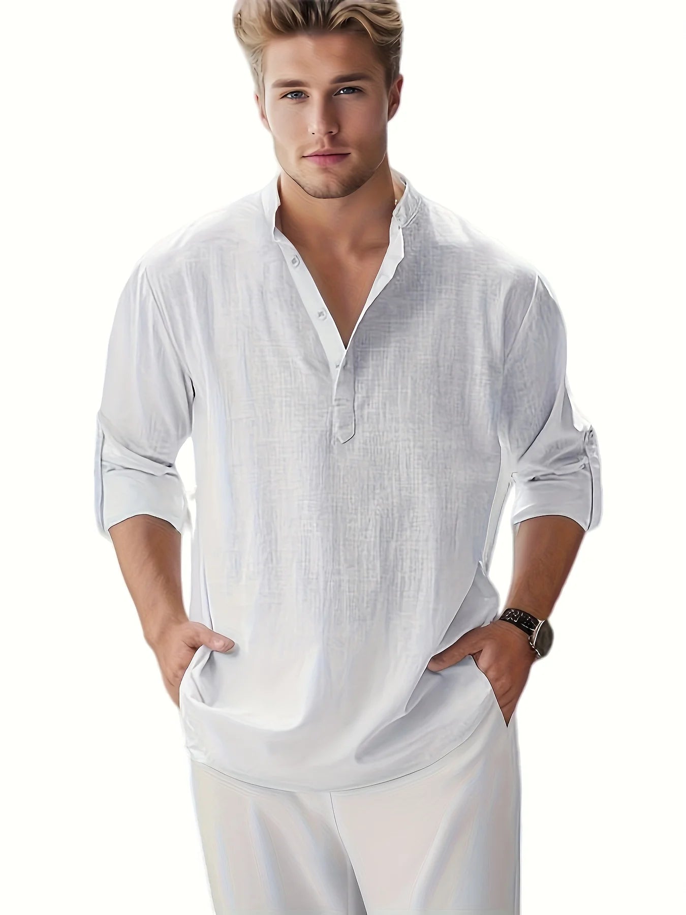 Mens Cotton Linen Stand Collar Long Sleeve Shirt Loose Fit