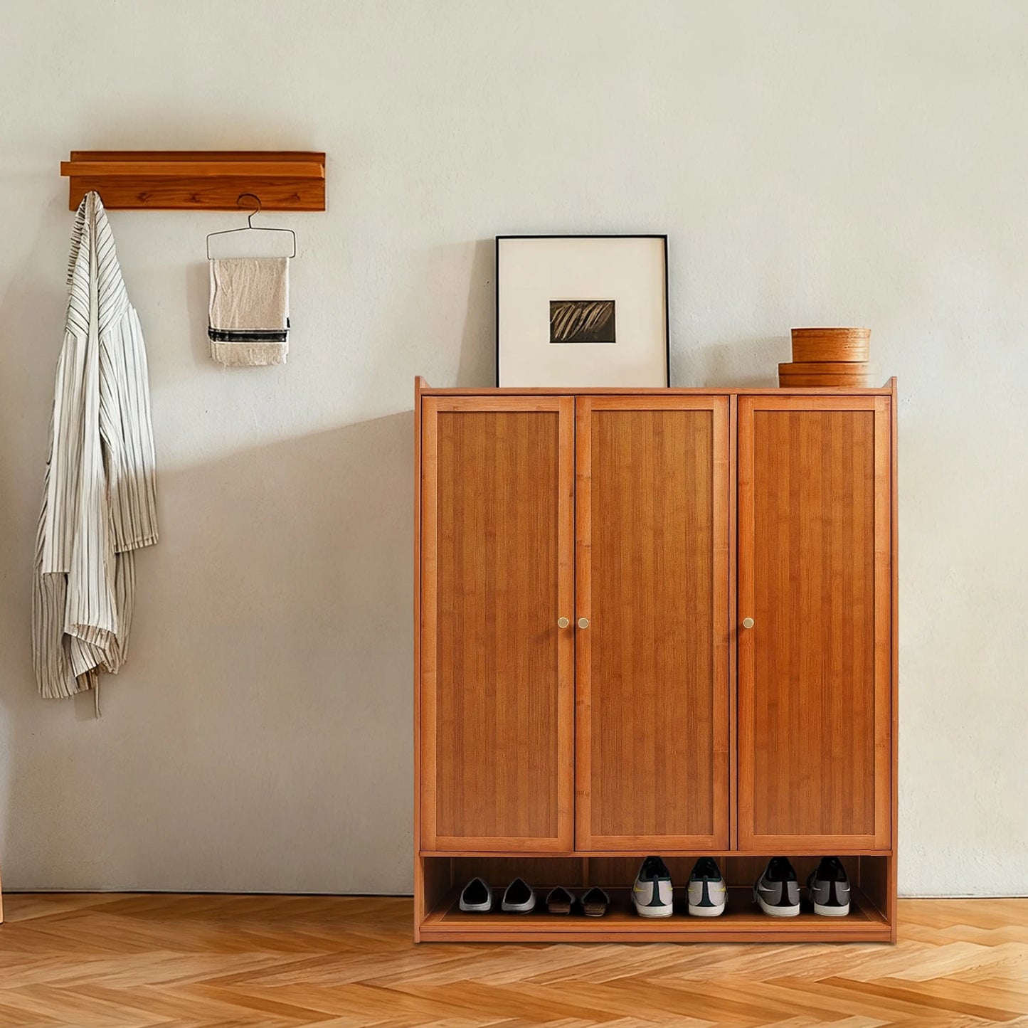 Natural Bamboo Shoe Cabinet With 3 Folding Doors And Partitions