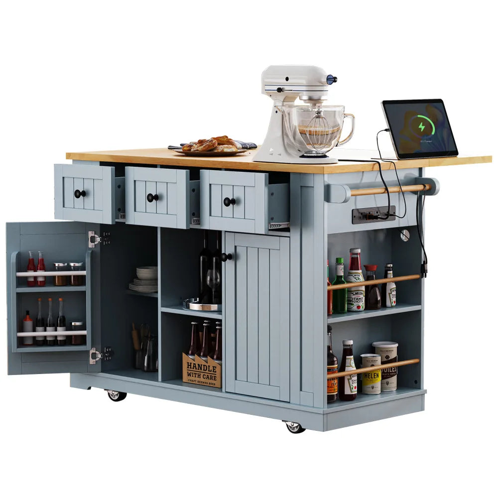 Mobile Kitchen Island With Folding Tabletop And Storage Shelves
