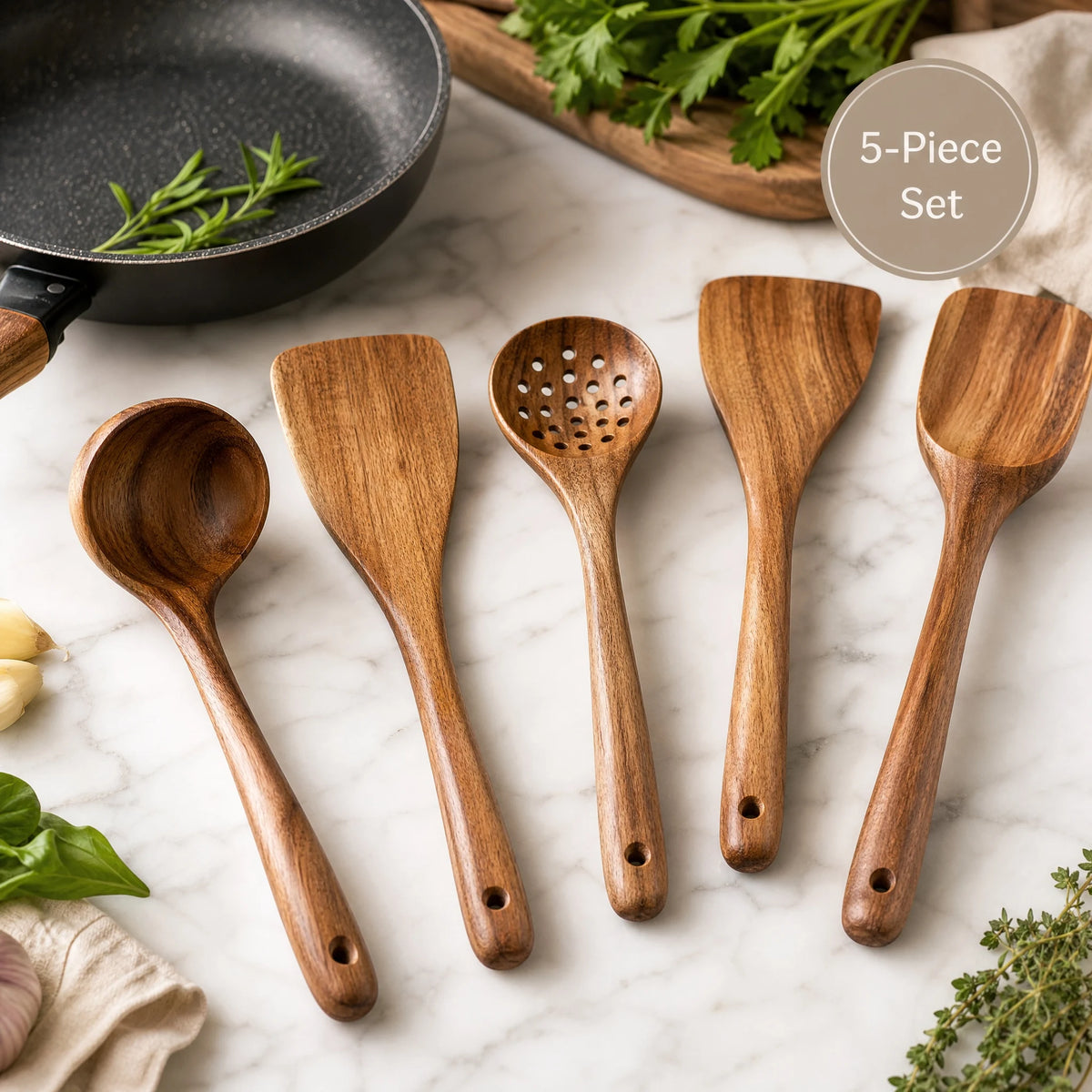 Wooden Kitchen Utensil Set For Everyday Cooking And Baking