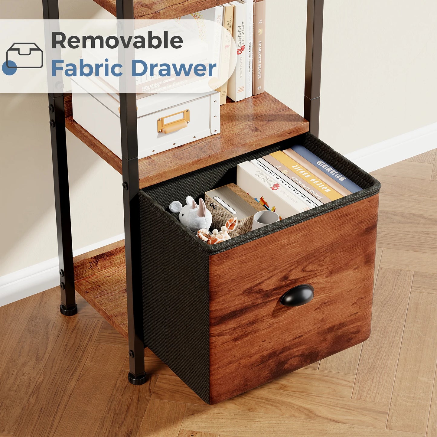 JHK Wood 5 Tier Bookshelf With Fabric Drawer Organizer