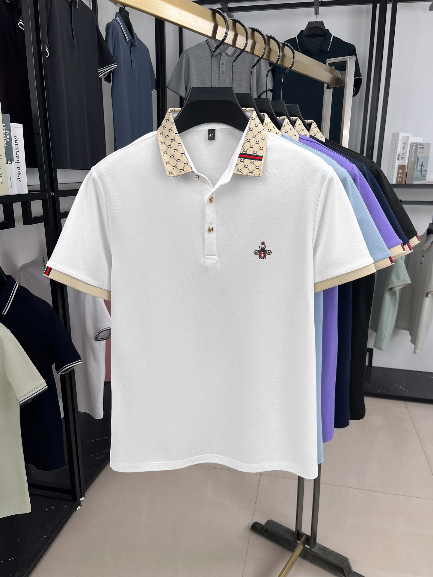Men's High-End Lapel Polo Shirt With Letter Jacquard Bee Embroidery