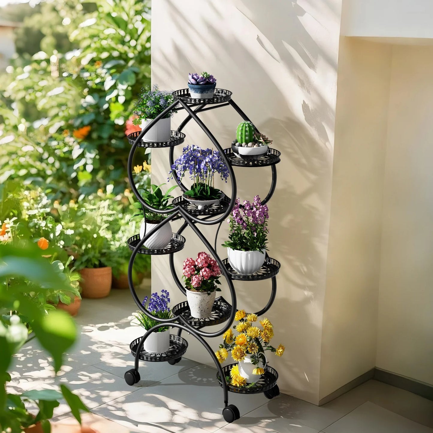 Nine Tier Metal Plant Stand With Wheels For Patio And Garden