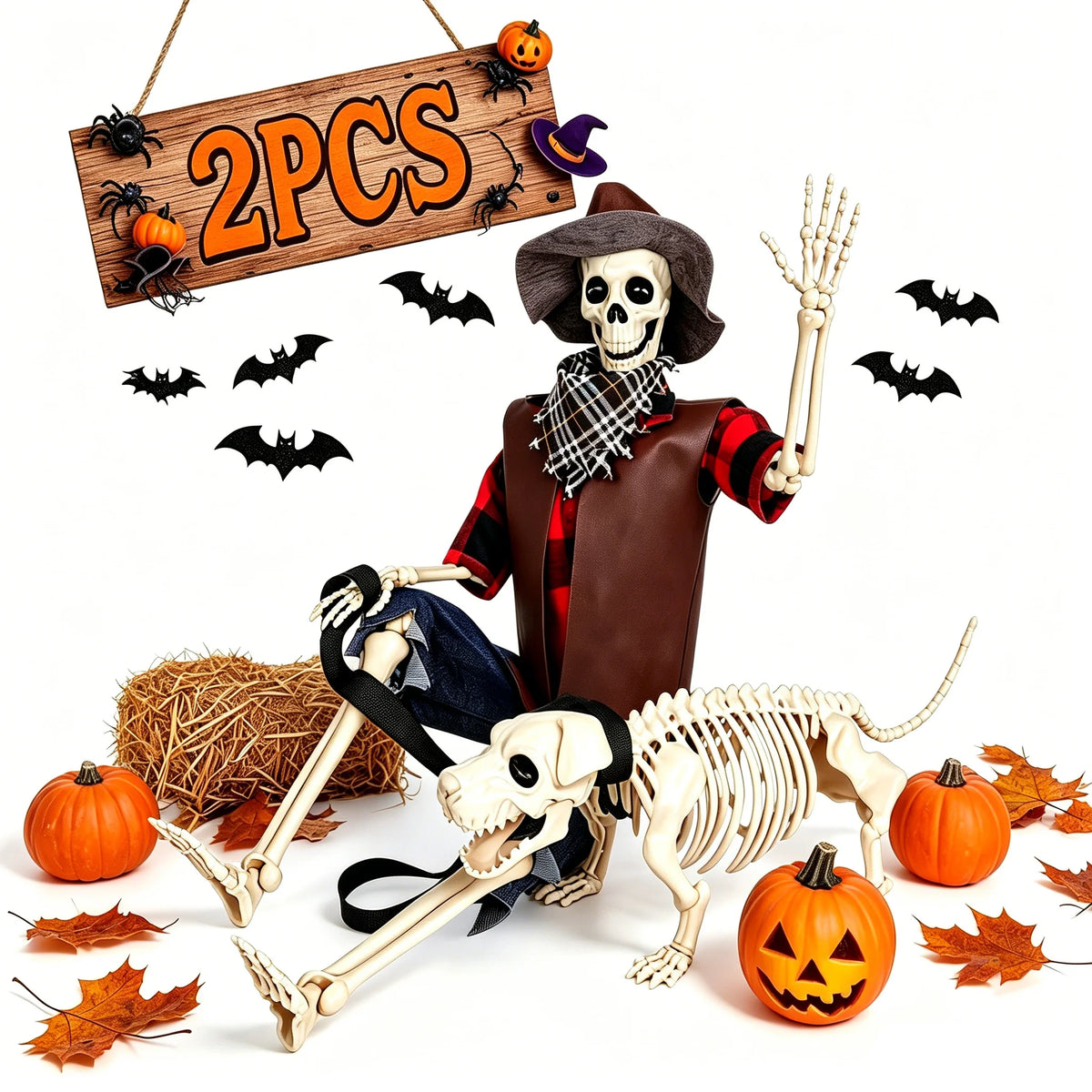 Posable Halloween Skeleton And Dog Outdoor Decorations