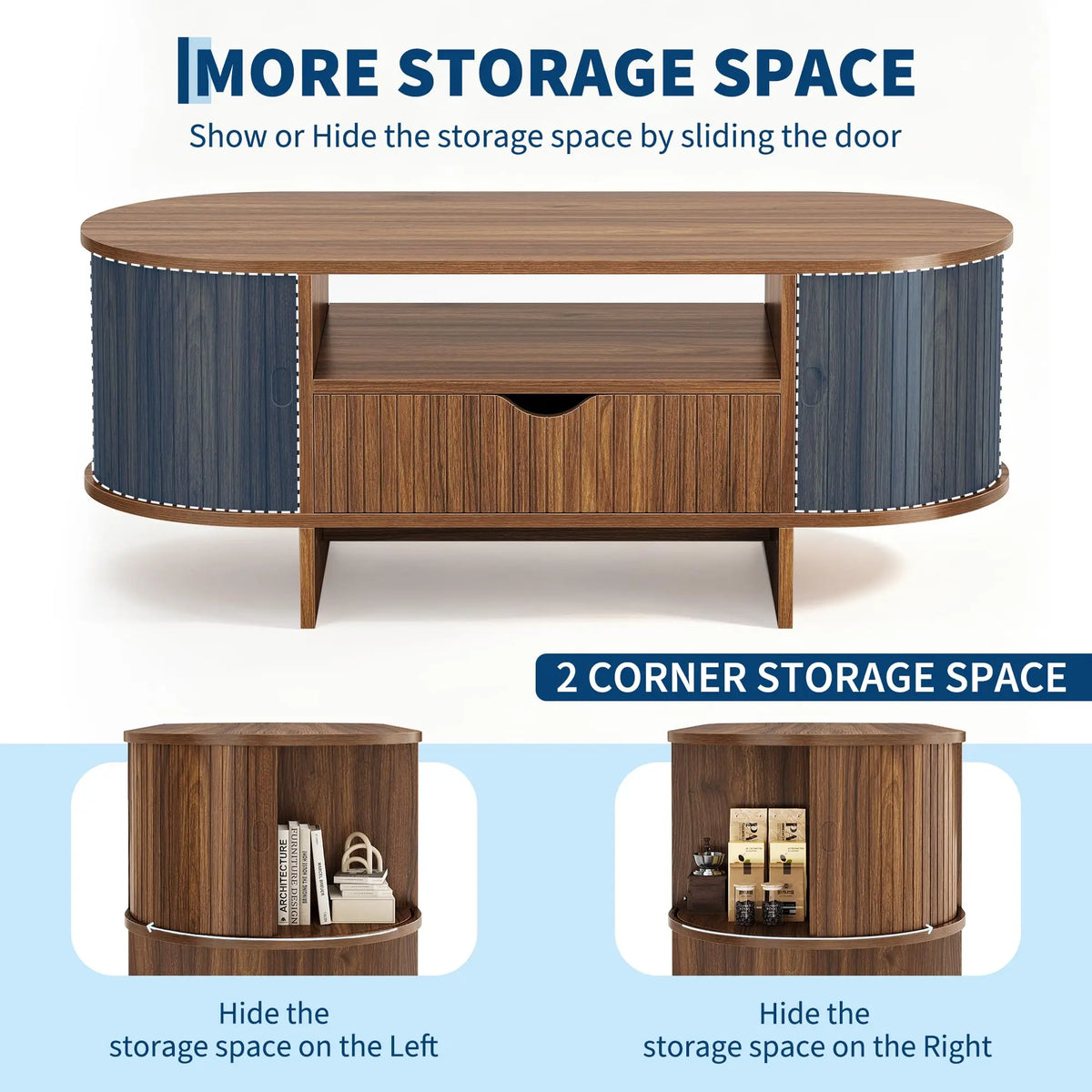 HiMISS Modern Oval Coffee Table With Drawer And Cabinet Storage