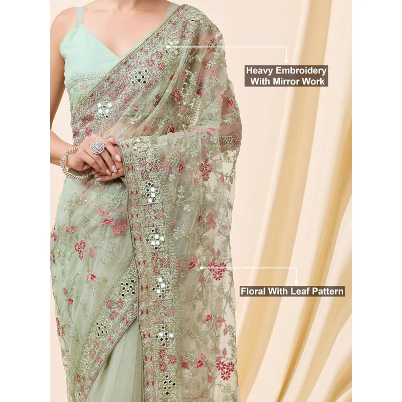 Women's Net Cotton Saree With Sequence Embroidery Work