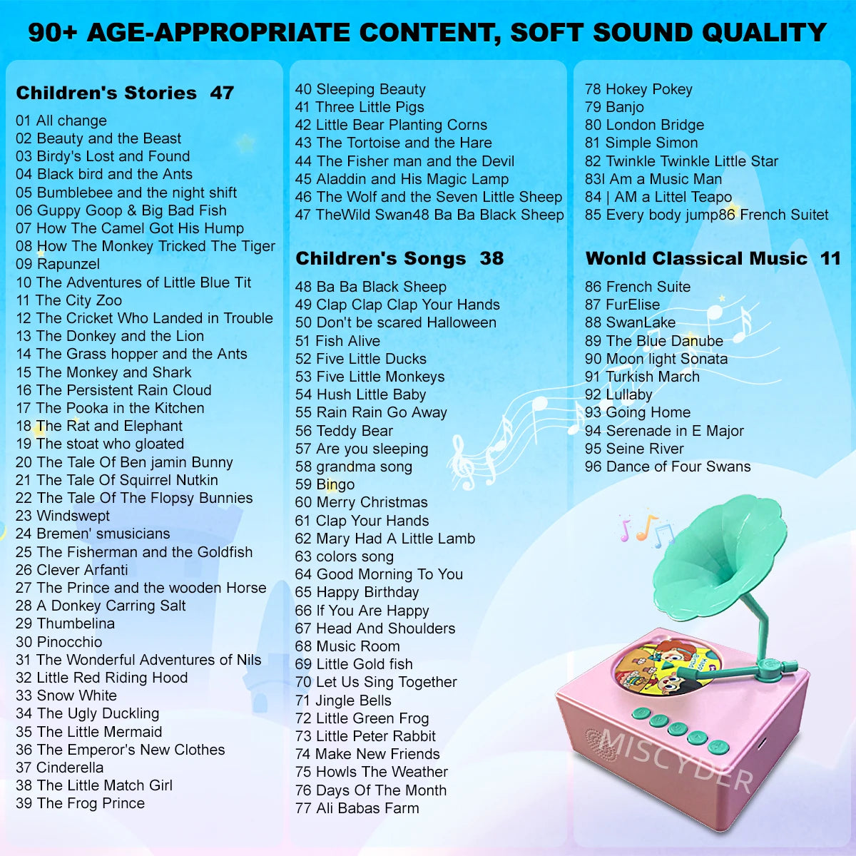 Phonograph Story Music Player With 96 Cards For Kids
