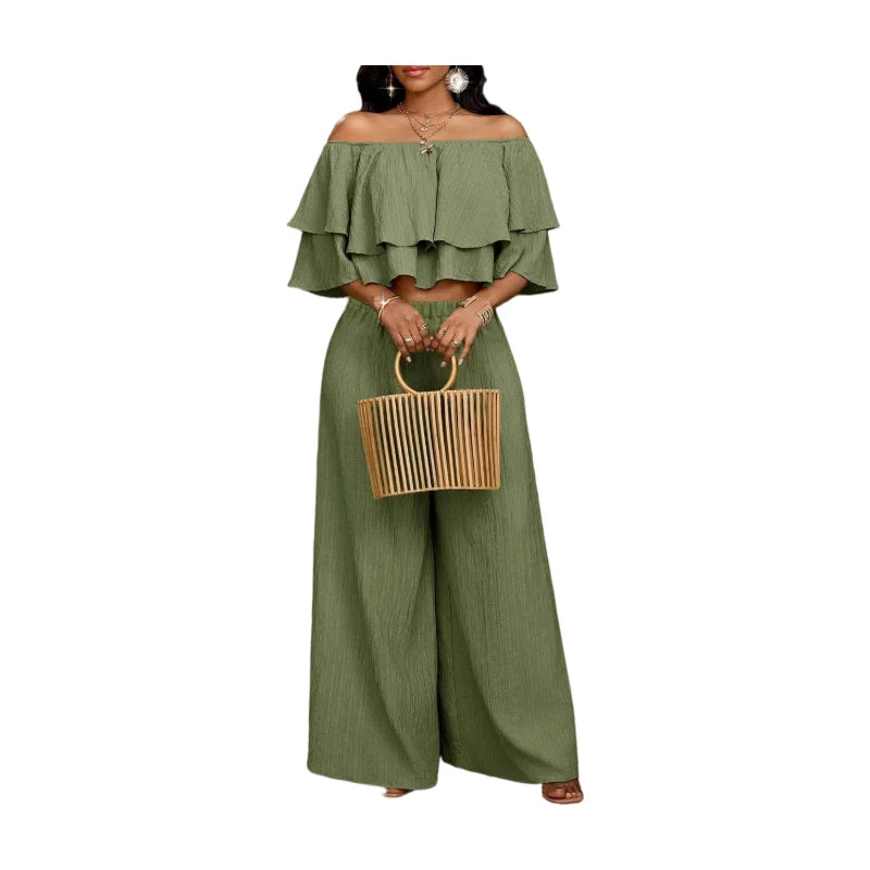 Women Off Shoulder Ruffle Crop Top Wide Leg Pants Set