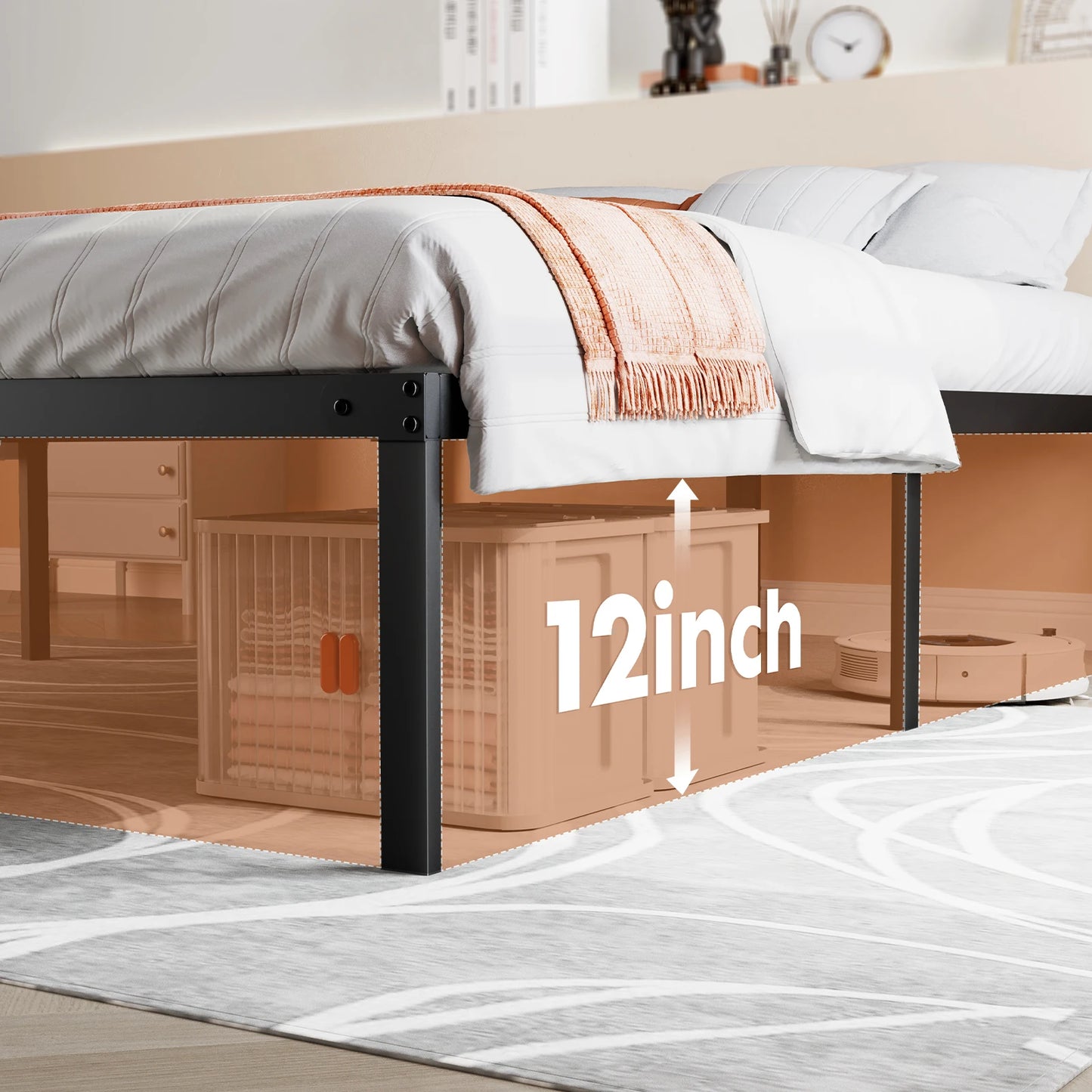 JHK Sturdy Metal Platform Bed Frame With Steel Slat Support