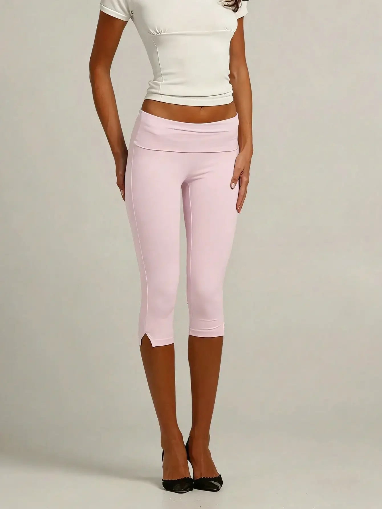 Women's Retro Low Waist Capri Leggings With Fold Over Waistband
