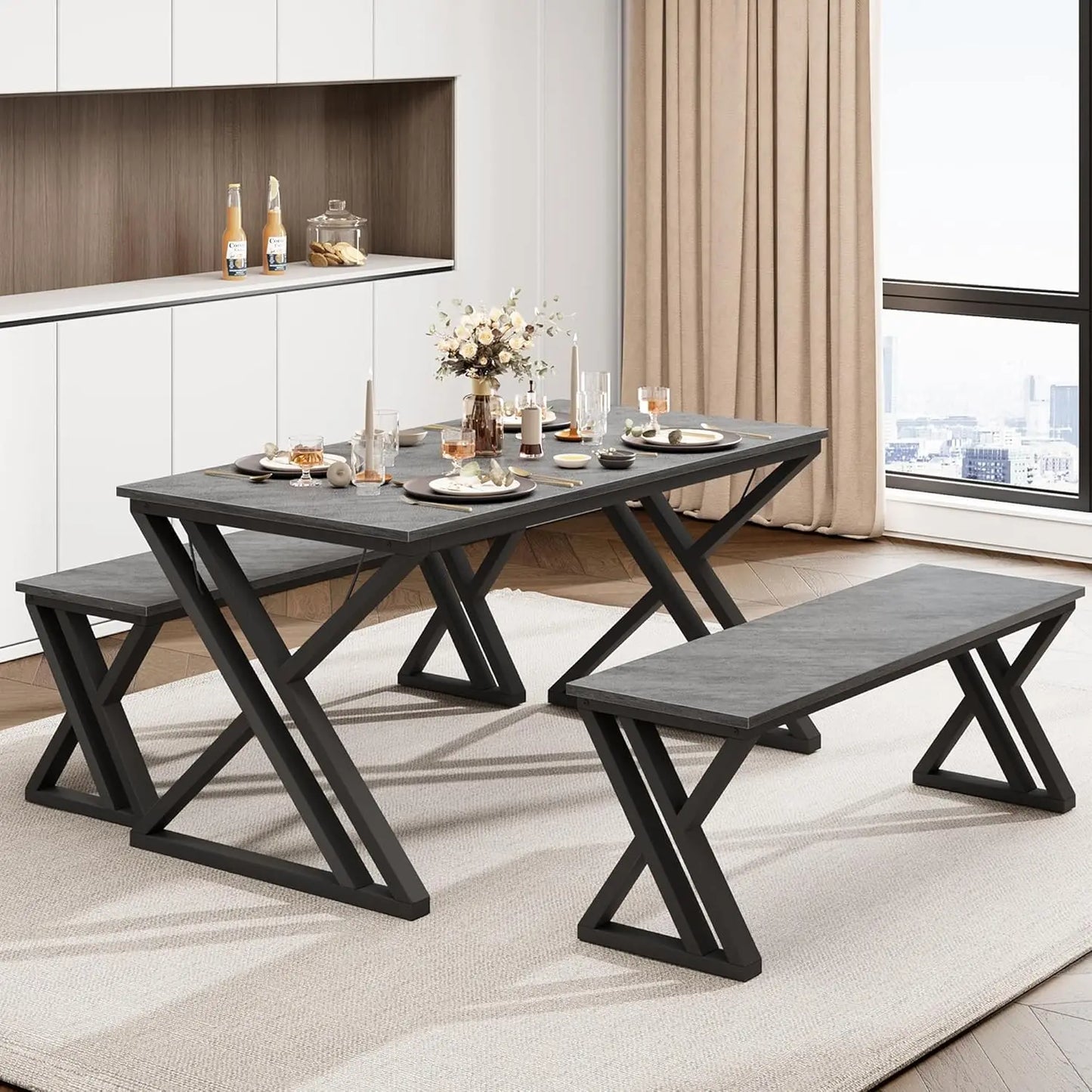 Twister.Ck Space Saving Metal Dining Table With Bench Set