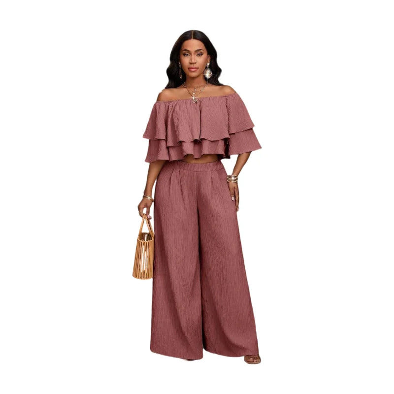 Women Off Shoulder Ruffle Crop Top Wide Leg Pants Set