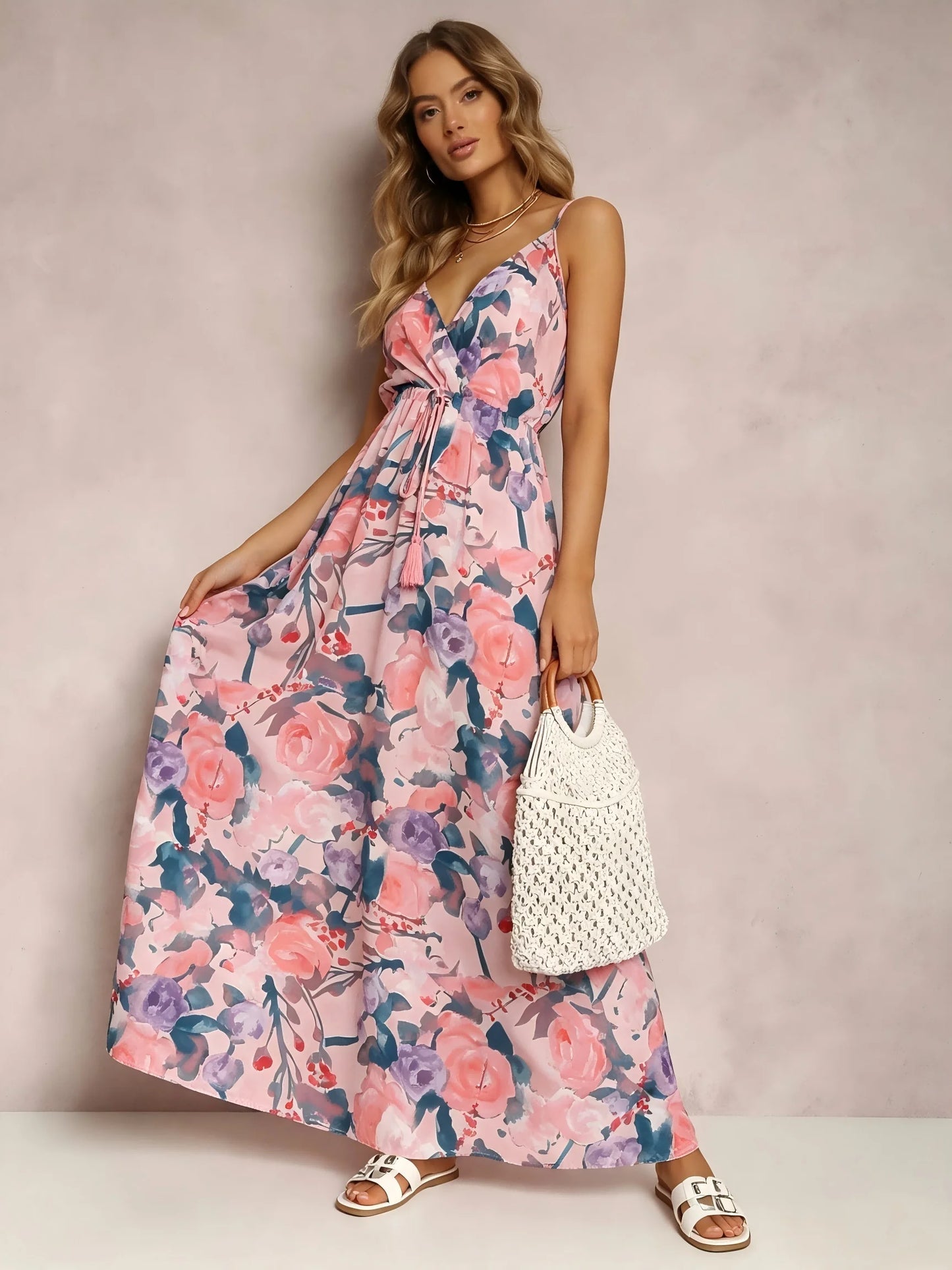 Women Watercolor Floral Maxi Dress V Neck Summer Beach Sundress